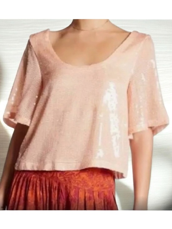 Free People Tops - FREE PEOPLE NIGHT FEVER HALF SLEEVE SEQUIN TOP SOFT PEACH SMALL